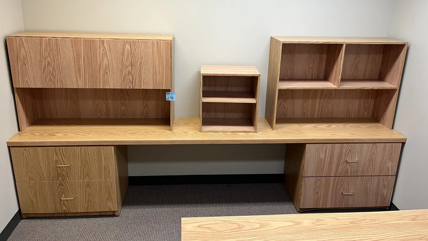 Office Workstation, oak finish, 2 horizontal filing cabinet pedestals, 2 hutches, shelf unit