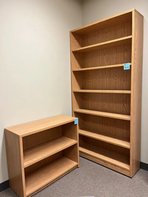 2 Oak Finish Office Bookcases, 2-Shelf Office Bookcase Storage Cabinet 36”x15”x31”, and 6-Shelf Bookcase 42”x12”x7’