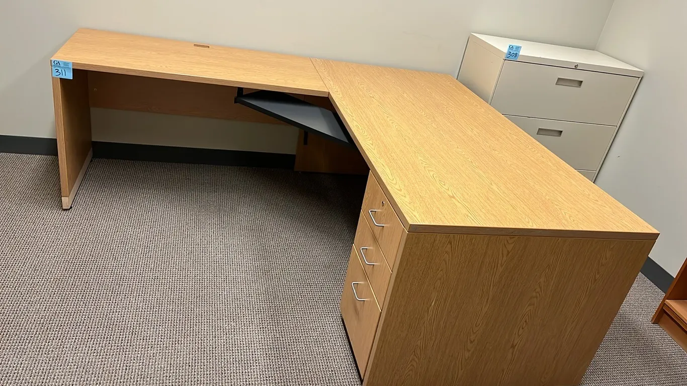 L-Shaped Office Desk, 6’x8’, pedestal drawer, oak finish