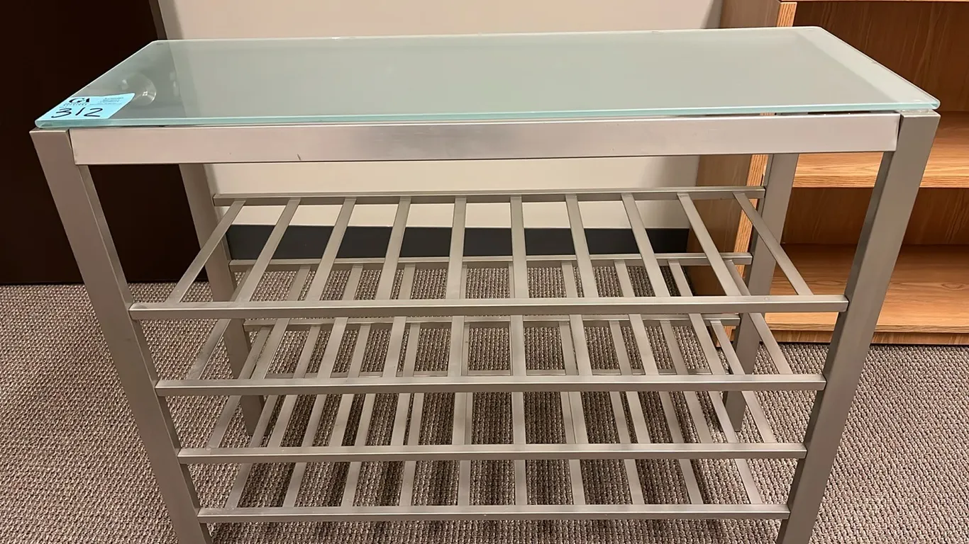 5-Shelf Metal Shelving Unit, frosted glass top shelf, 38”x13.5”x30”