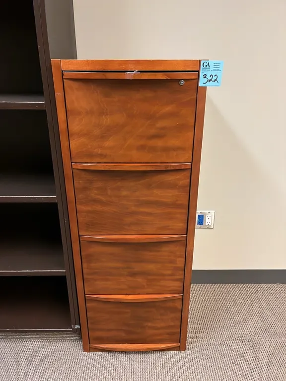 4-Drawer vertical wooden filing cabinet 19.5”x20”x51”, mahogany colour finish