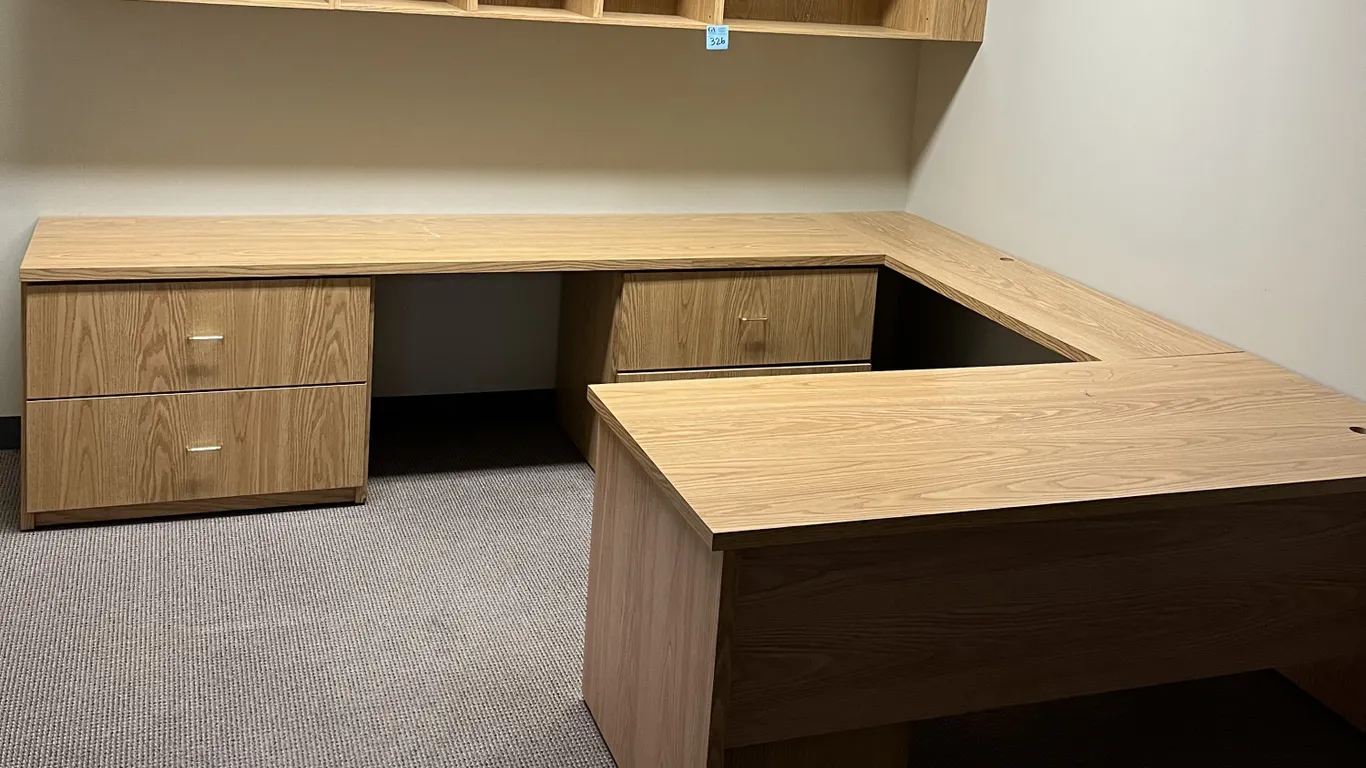 U-shaped Office Workstation Desk 8’5”x10’ with 3 pedestal drawers and keyboard tray, and Hutch Shelf 10’ total width x 16”x16” in 3 pieces, oak finish