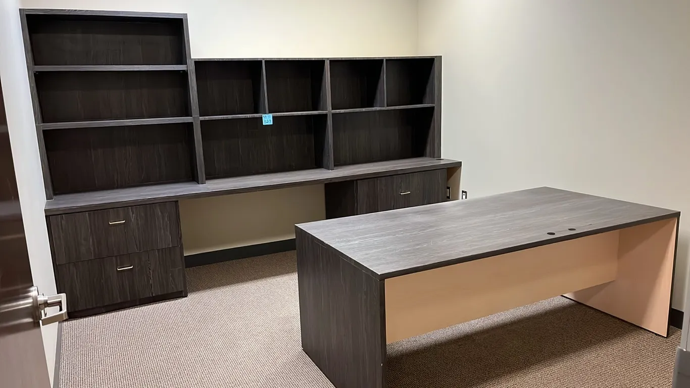 Office Desk and Workstation, Desk has pedestal drawer, Workstation has 2 horizontal filing cabinet pedestals and hutch shelving, light oak finish cove