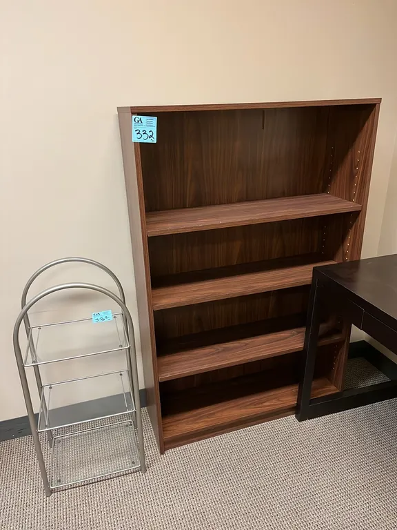 5-Shelf Bookcase 36”x12”x55”, dark oak finish, and metal 3-Shelf Stand with glass shelves 15”x11”x34”