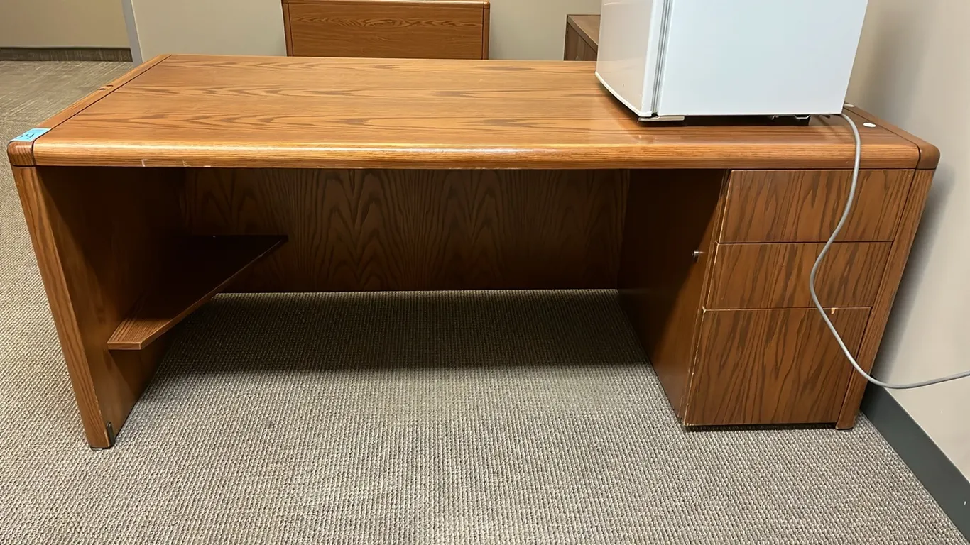 Office Desk 74”x36”, oak finish, pedestal drawer, matches lot 333