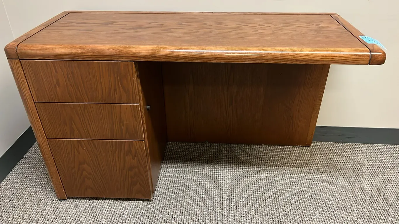 Office Desk 50”x20”, oak finish, pedestal drawers, stand-alone desk or as side desk with lot 334