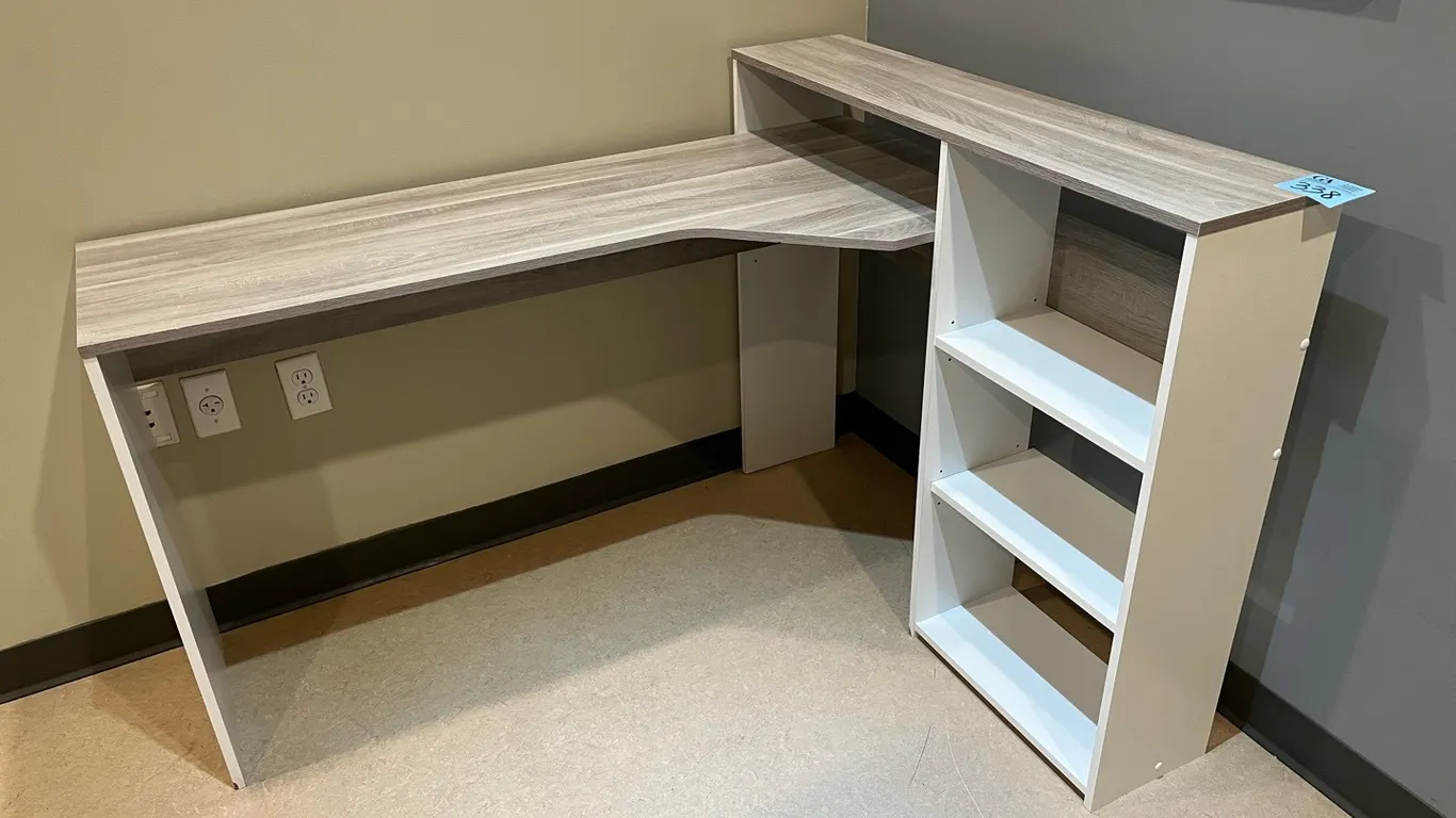 Desk with side shelf 54”x43”x30”, light grey oak and white finish