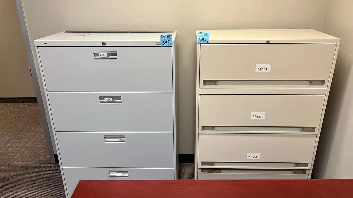 2 Metal Horizontal 4-Drawer Filing Cabinets. HON 36”x19”x53” locked and no key, Superior 36”x18”x53” top 3 drawers receding and bottom drawer pullout