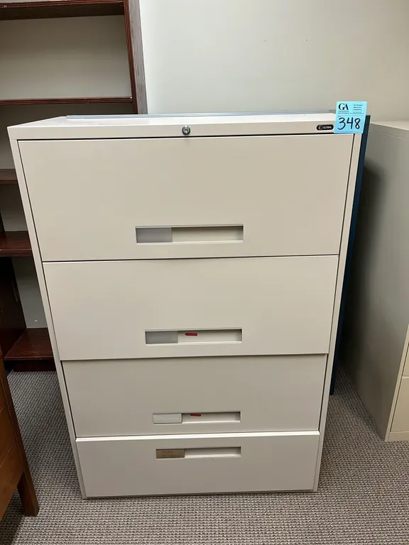 Global horizontal 4-drawer metal filing cabinet 36”x18”x54”, top 3 drawers receding and bottom drawer pullout, no key