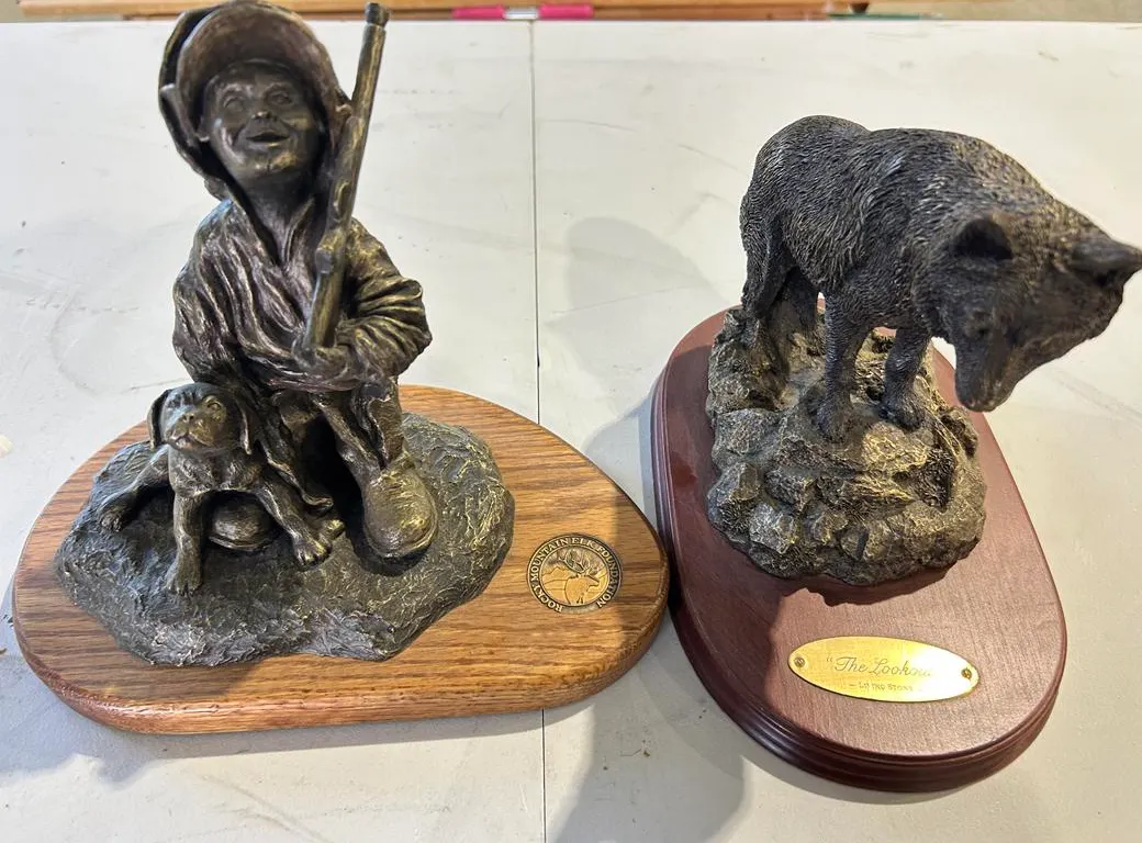 A Boy & His Dog Sculpture, The Lookout Sculpture & Stoneware Crock
