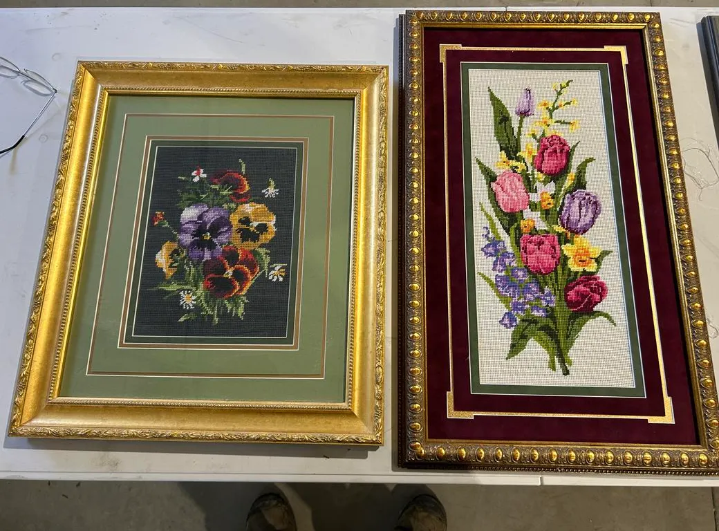 (2) Floral Needlepoint Art Pieces