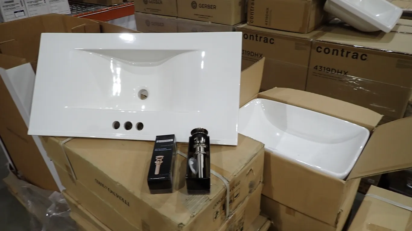 Lot of (6) Ambiento Vanity Sinks, Ortech Surface Mount Sink and (6) Cases Ambiento Pop-Up Drains.