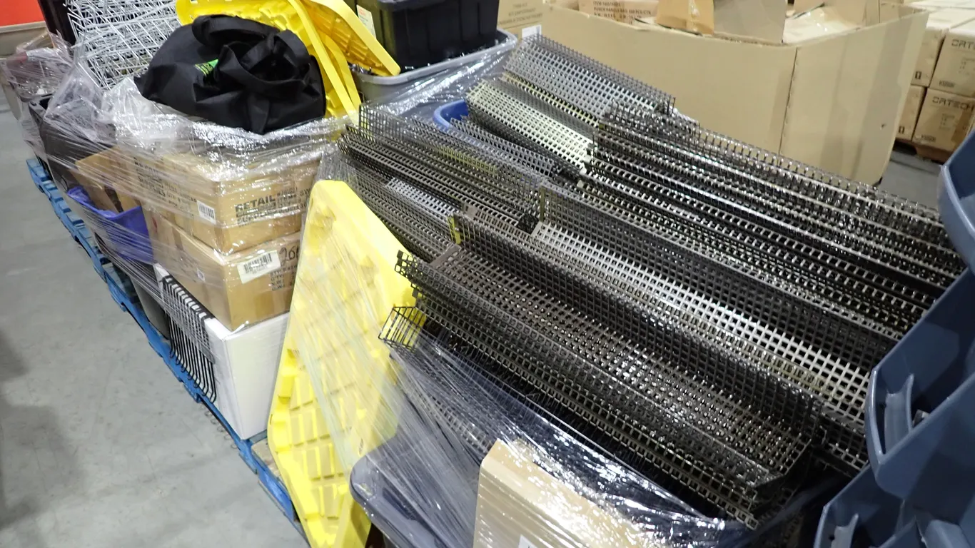Lot of (3) Pallets Asst. Slat Wall Display Hooks, Shelves and Fixtures.