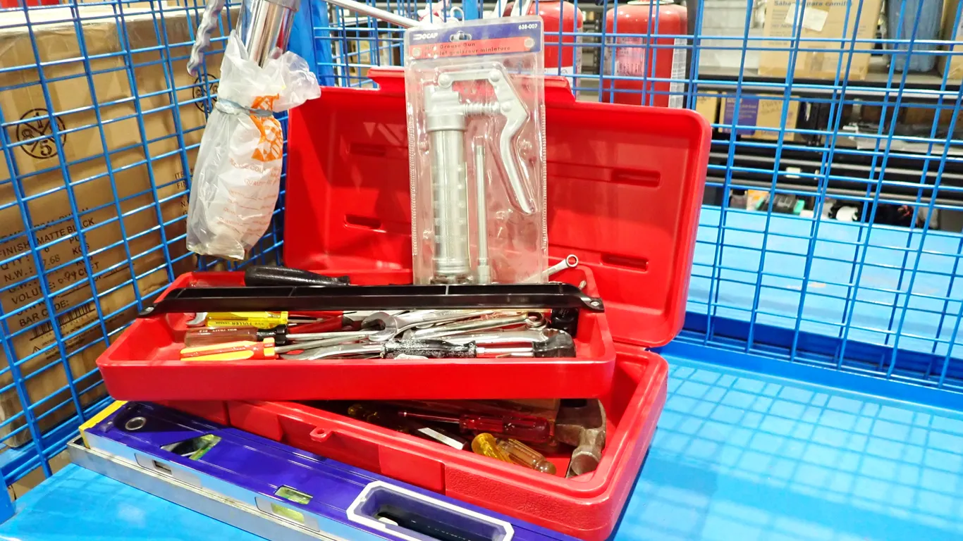Lot of Tool Box, Asst. Hand Tools, Levels and Grease Guns.