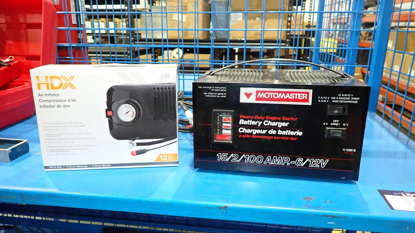 Lot of Motomaster Heavy Duty Engine Starter Battery Charger and HDX Air Inflator.