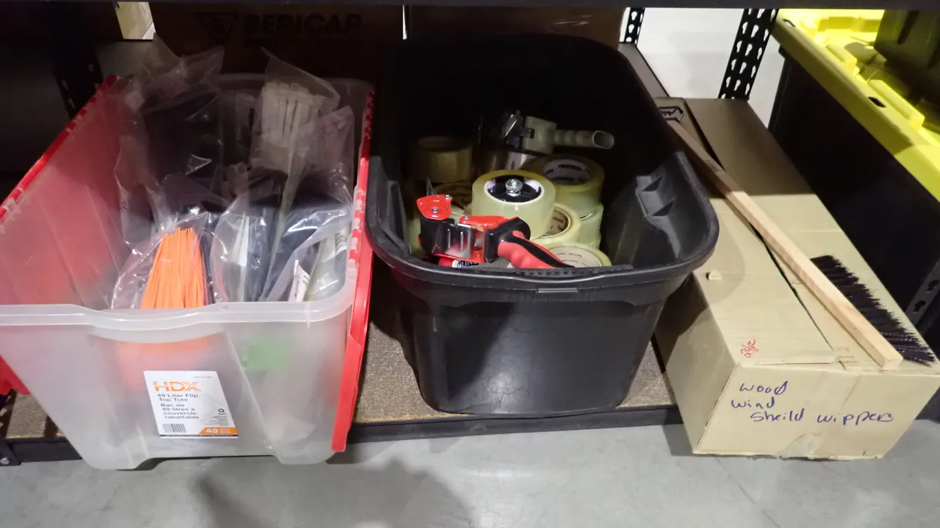 Lot of Asst. Tape Guns, Tape, Zip Ties, and Snow Brushes.