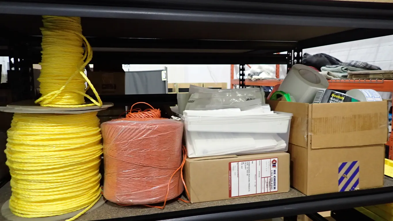 Lot of Asst. Shipping Supplies, Labels, Twine and Nylon Rope.