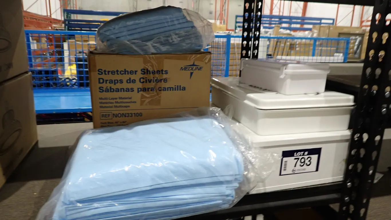 Lot of (2) First Aid Kits, Eye Wash Station and Stretcher Sheets.