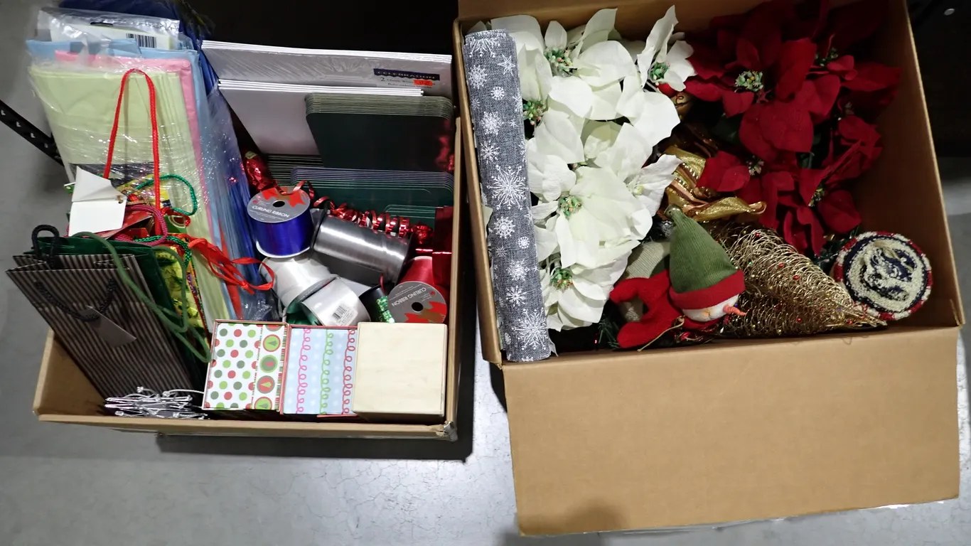 Lot of (2) Boxes Asst. Christmas Decorations, Tissue Paper, Gift Bags, Gift Boxes, etc.