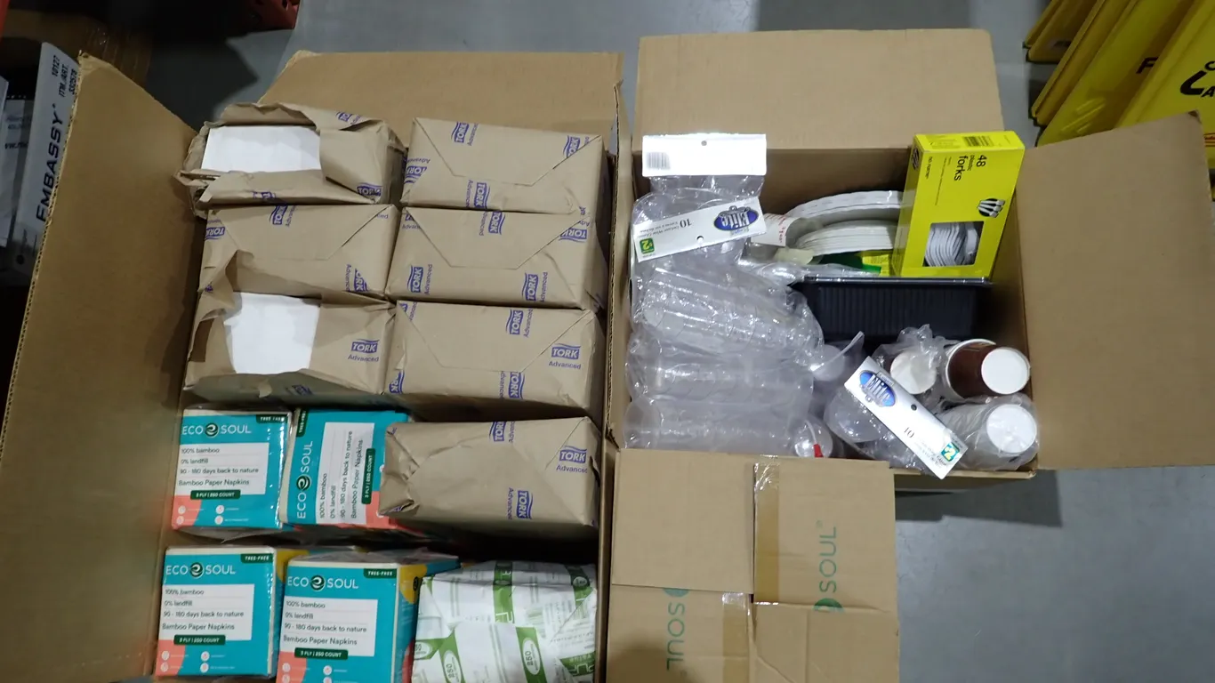 Lot of Asst. Paper Napkins, Disposable Cups, Plates, Utensils, (4) Starfrit Containers, etc.