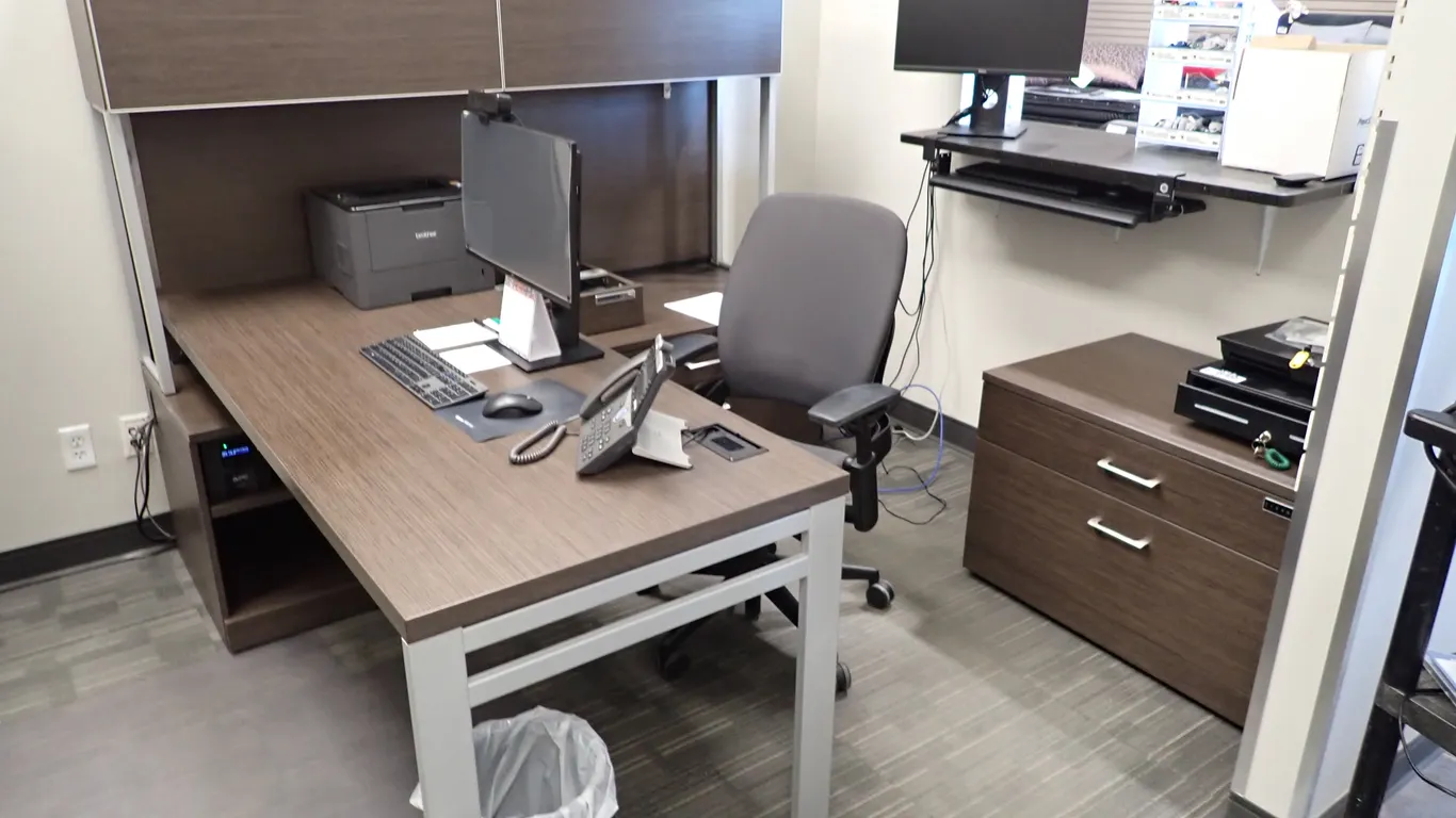 Lot of L-shaped Desk, Modified Credenza w/Overhead, Storage Cabinet, Carpet Saver and Task Chair.
