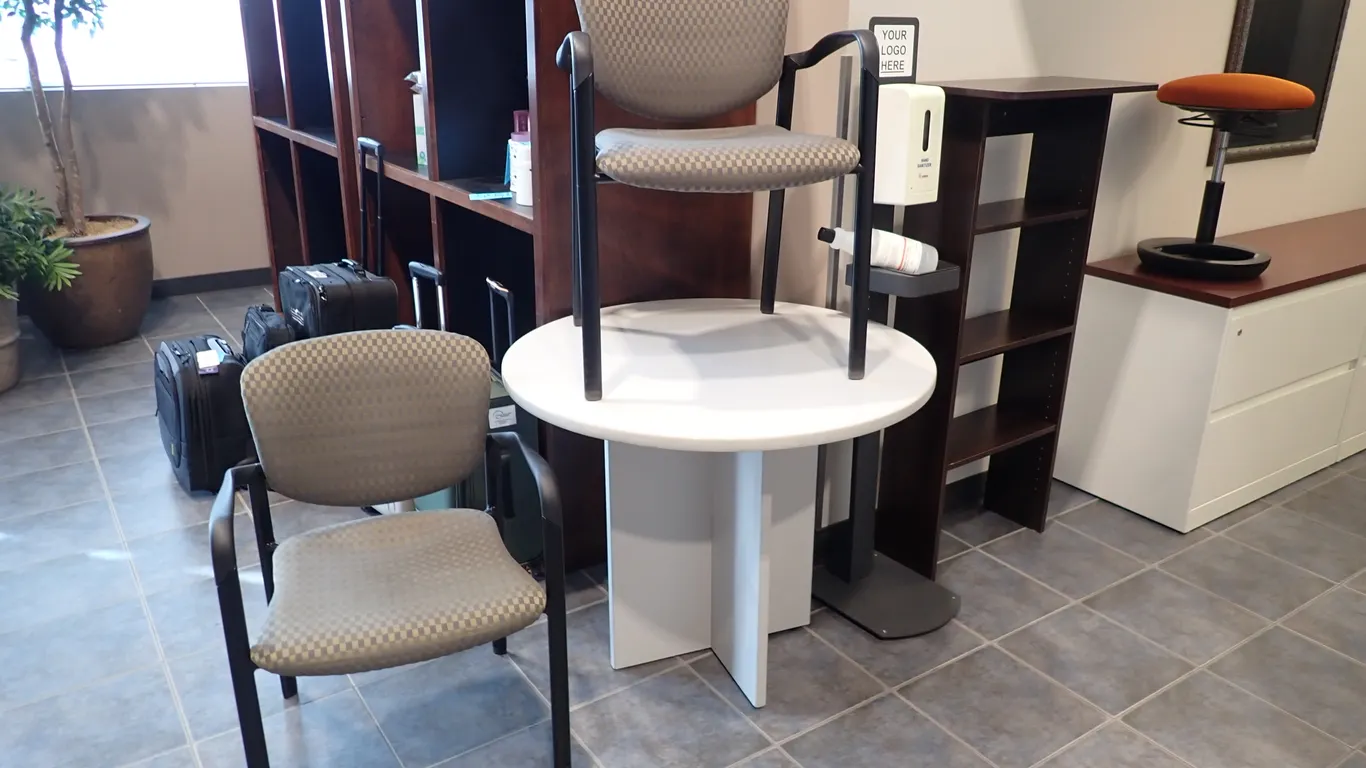 Lot of 36" Round Table, (2) Chairs, Shelving Unit and Pedestal Hand Sanitizer Station.