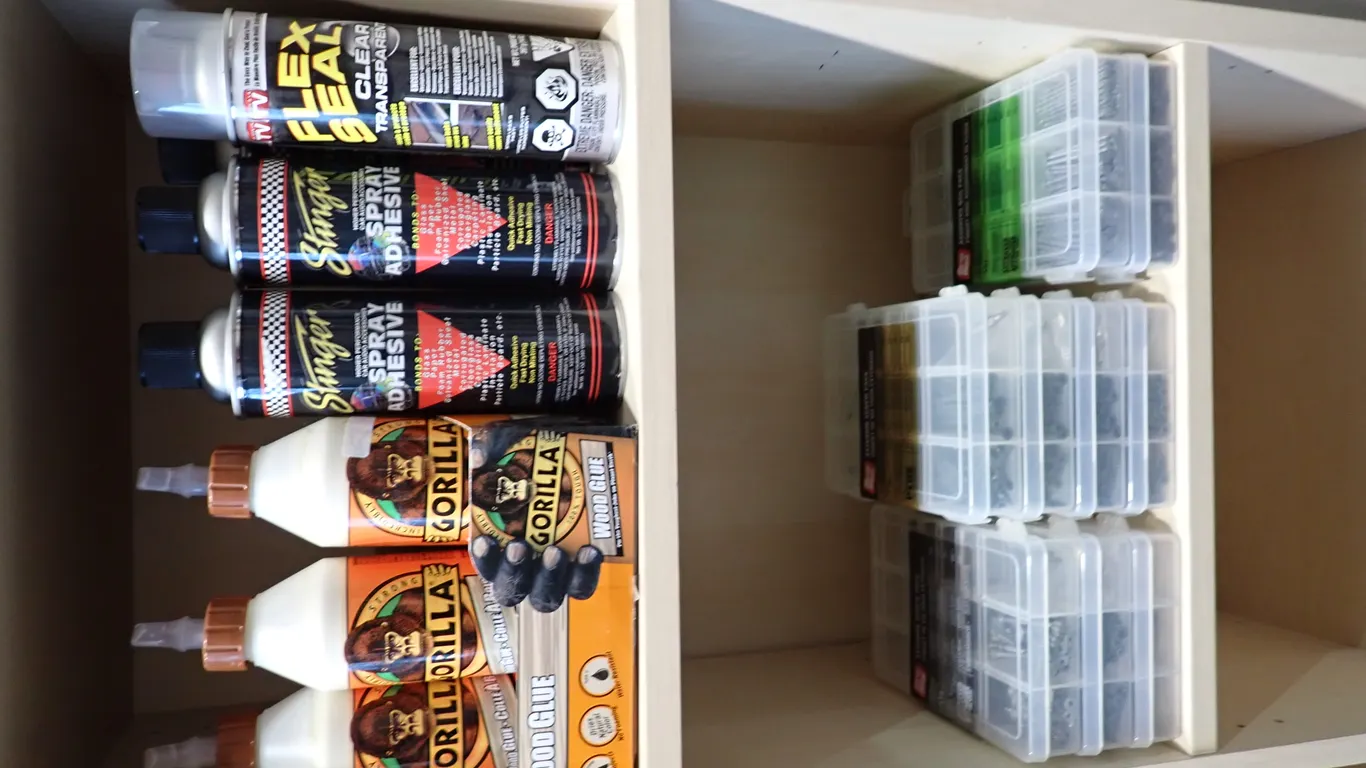Lot of (9) Asst. Fastener Packs, Gorilla Wood Glue, Stinger Spray Adhesive and Flex Seal.