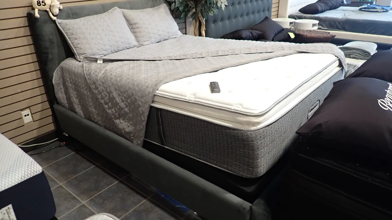 Lot of Beautyrest Plush Queen Mattress, Serta Motion Essentials Base, Grey Velour Bedframe.-DISPLAY.