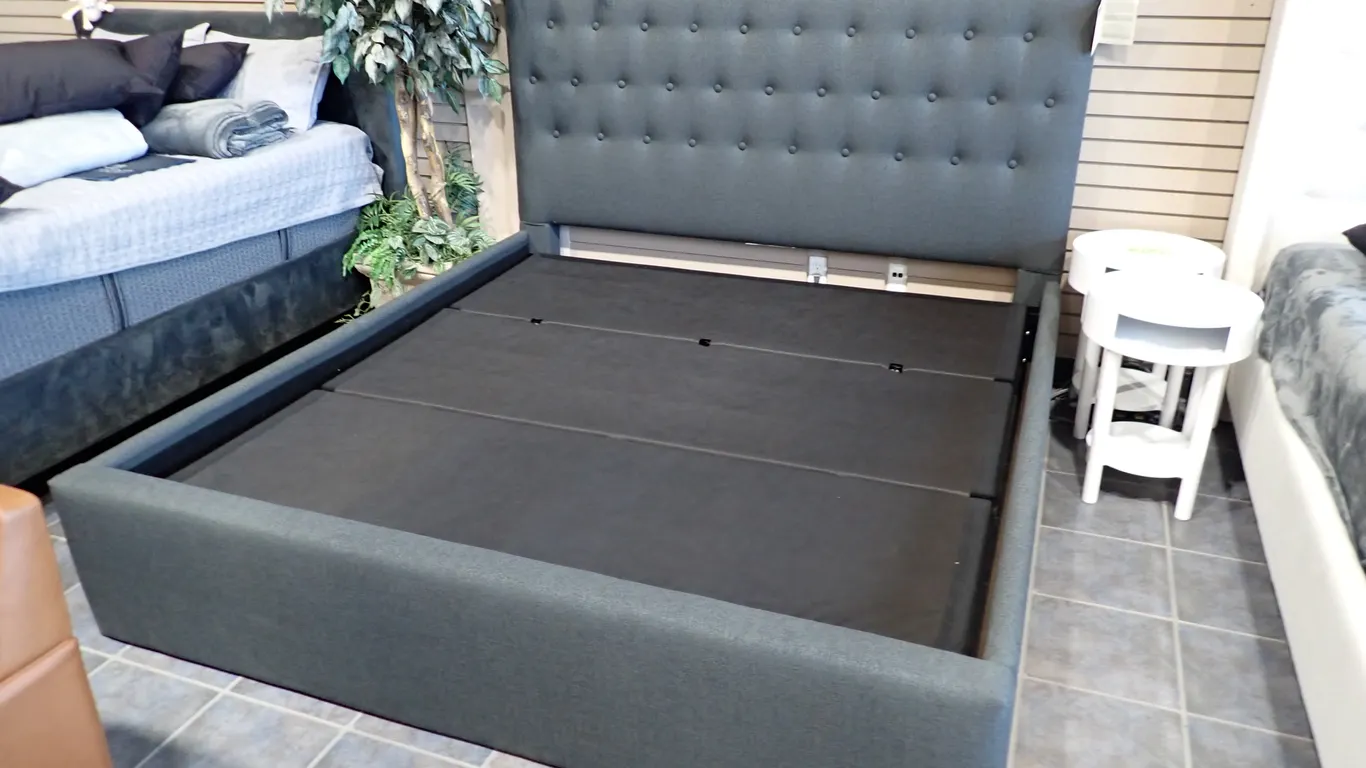 Lot of Julian Beaudion Grey Upholstered King Bedframe and Serta Pro Platform King Base-DISPLAY.