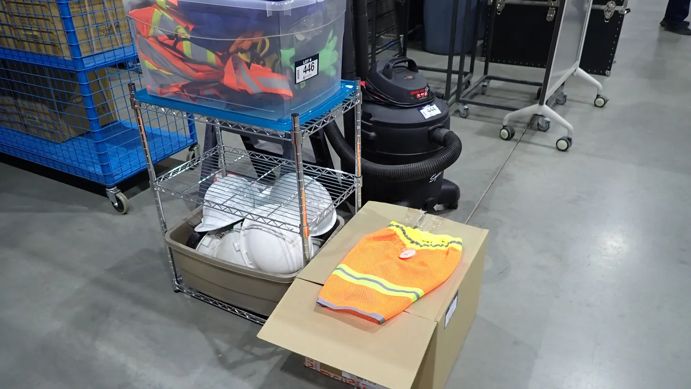 Lot of Rack, Hard Hats, Hard Hat Shades and Asst. PPE.