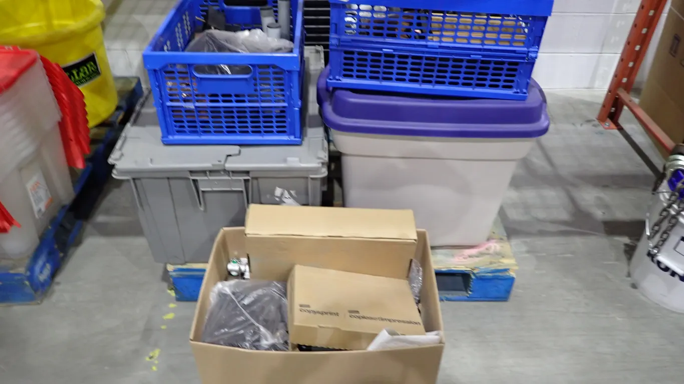 Lot of Approx. (13) Asst. Plastic Storage Totes and Furniture Legs.