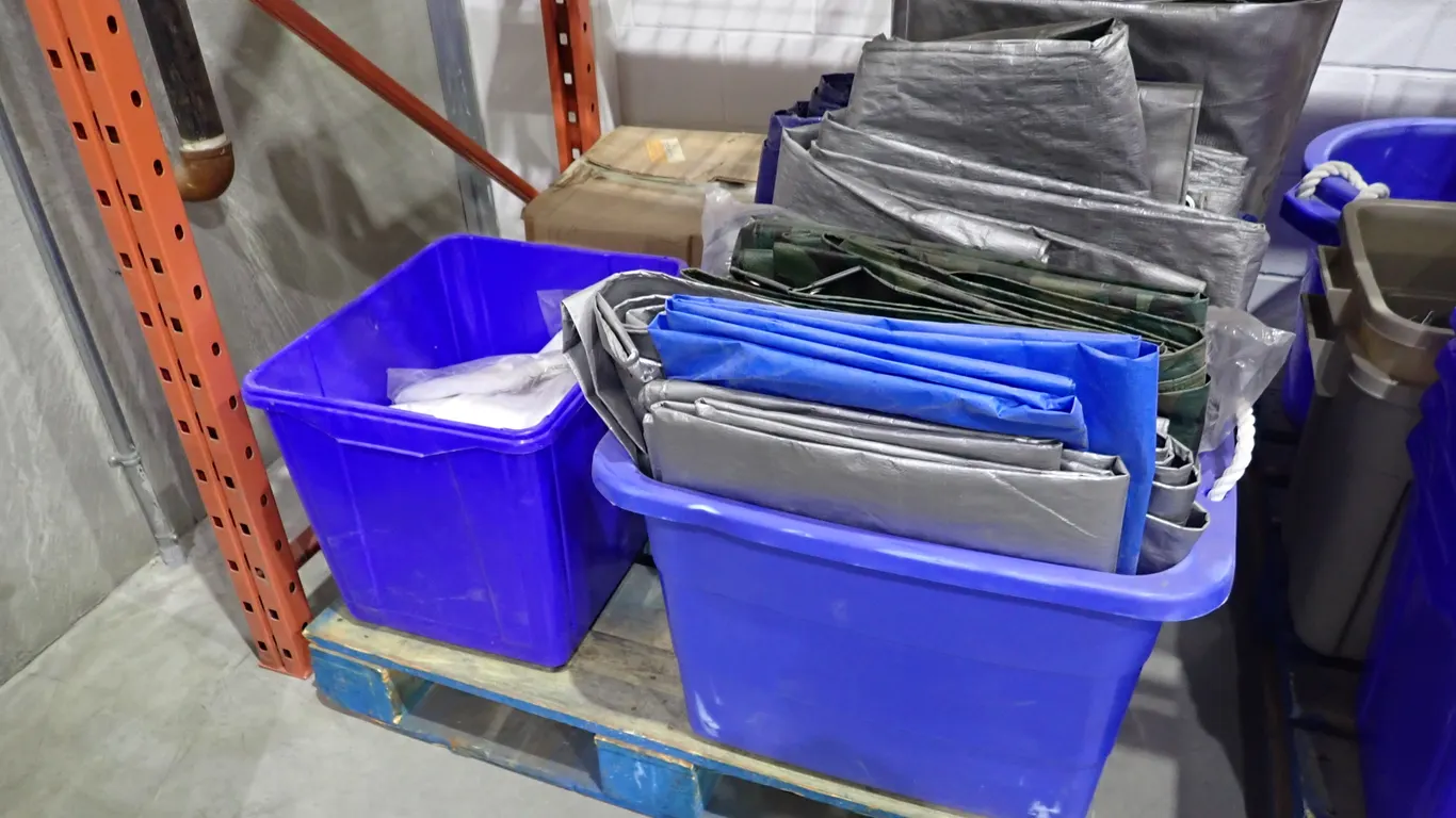 Lot of Asst. Plastic Totes, Tarps, etc.