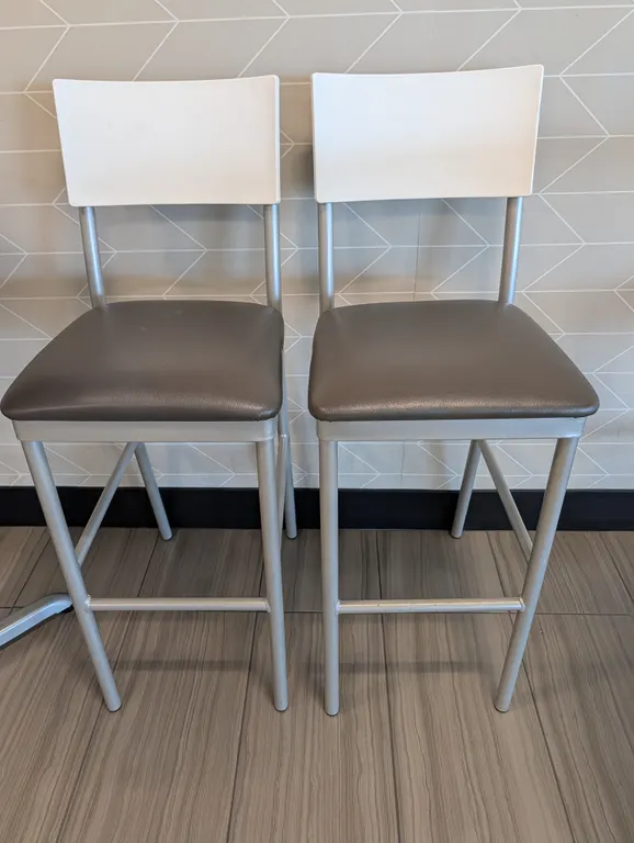 2 Bar Stools Metal Framed with White Vinyl Seats - Group Extension