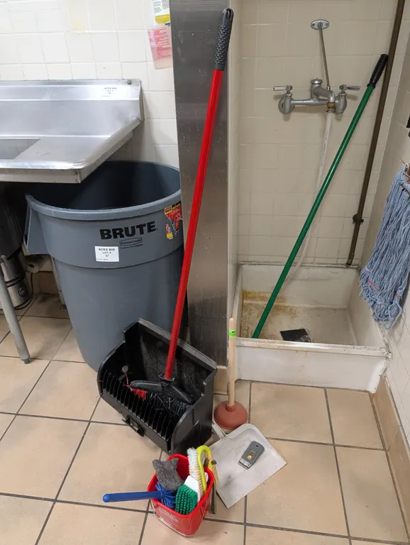 Assorted Brooms and Cleaning Supplies (Trash Can Not Included)