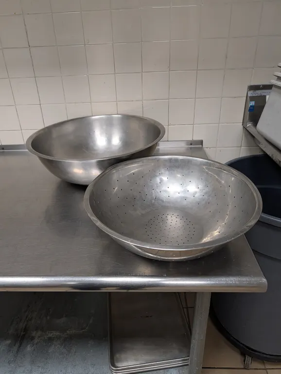 Stainless Steel Bowl - 19" diam x 6", Stainless Steel Colander - 16" diam x 5"