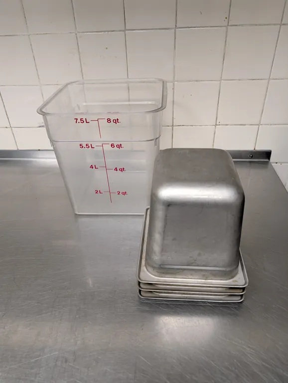 (3) 6th Size 6" Deep Stainless Steel Hotel Pans, (1) 8 qt Polycarbonate Food Container
