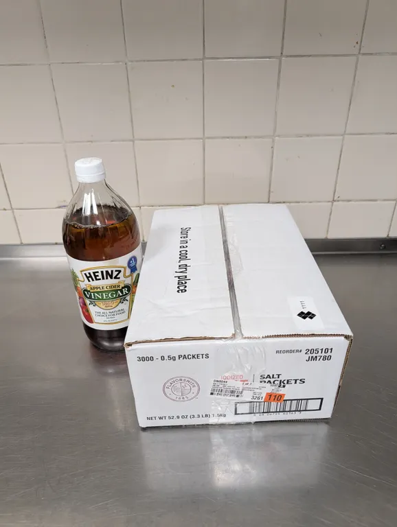 Unopened Bbox of Salt Packets (3,000), with Opened Apple Cidar Vinegar