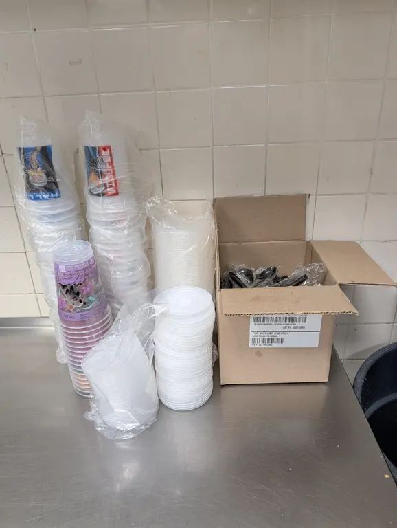 Partial Box of Plastic Spoons, Assorted Subway Cups and Lids
