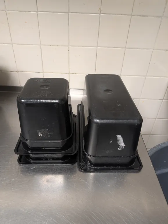(2) Cambro 6th Size 6" Deep Black Polycarbonate Food Containers, (1) 3rd Size 6" Deep Black Polycarb