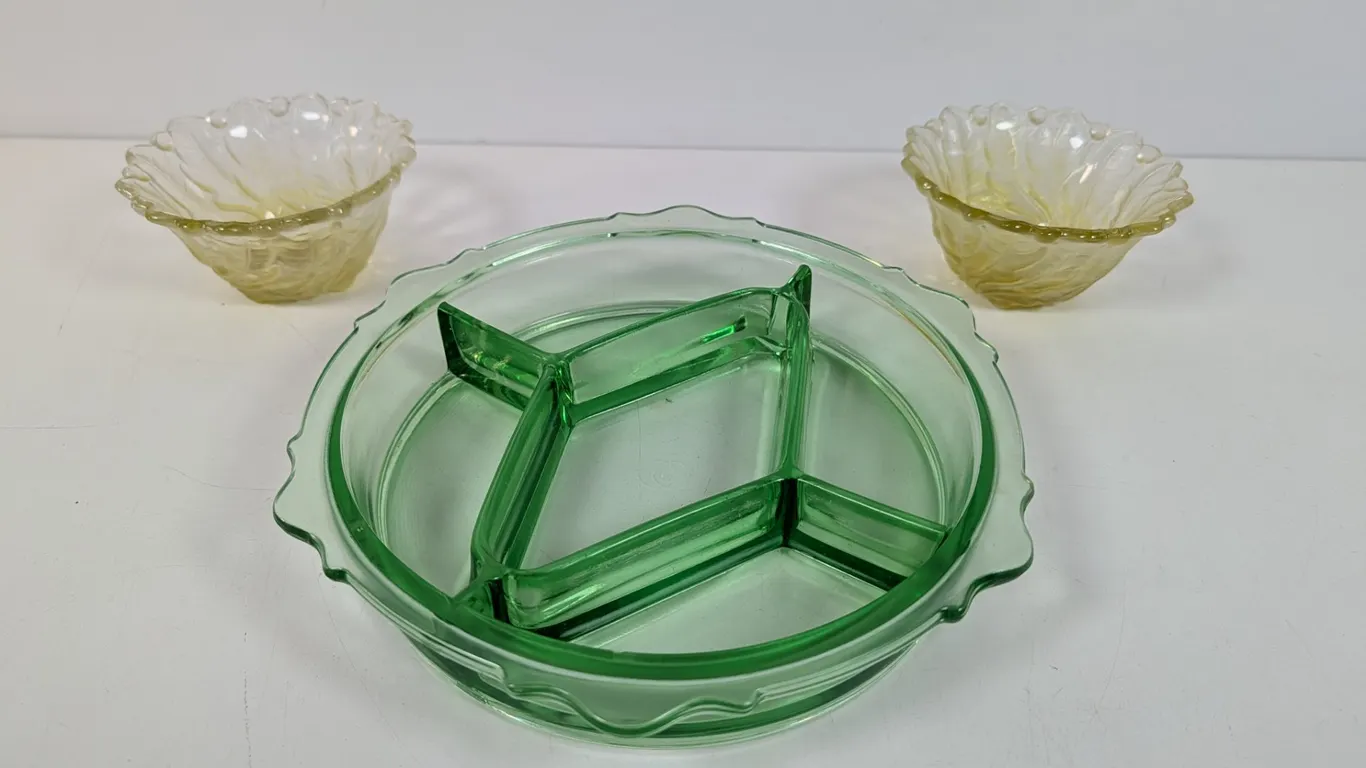 Vintage Depression Glass Divided Relish Tray and Nappy Bowls