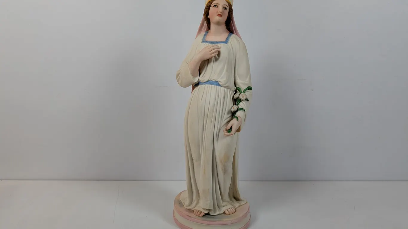 Vintage Bisque Porcelain Woman Statue with Flowers