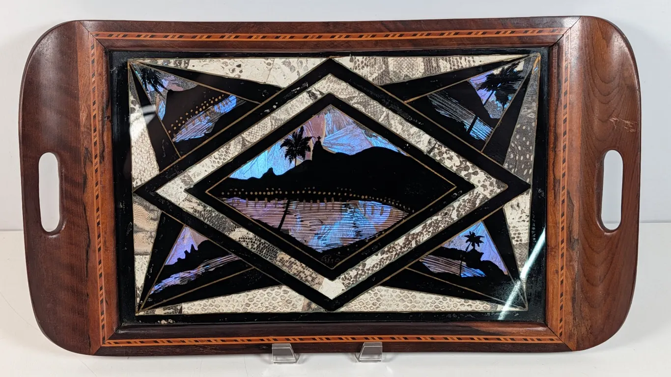 Vintage Wooden Tray with Reverse Painted Butterfly Wing and Snakeskin Design