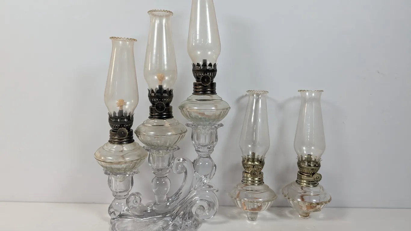 Collection of Vintage Glass Oil Lamps and Candelabra