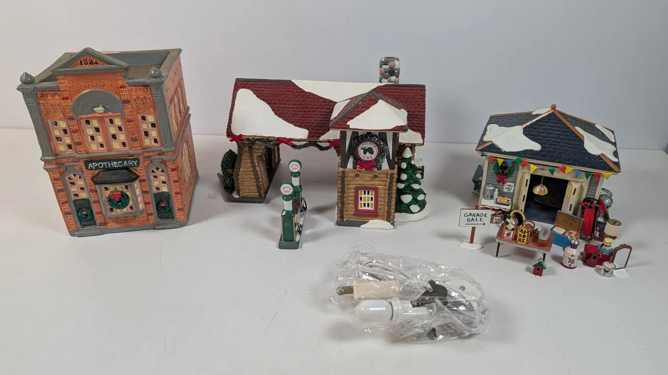 Department 56 Original Snow Village Christmas Apothecary, Garage Sale, Last Stop Gas Buildings
