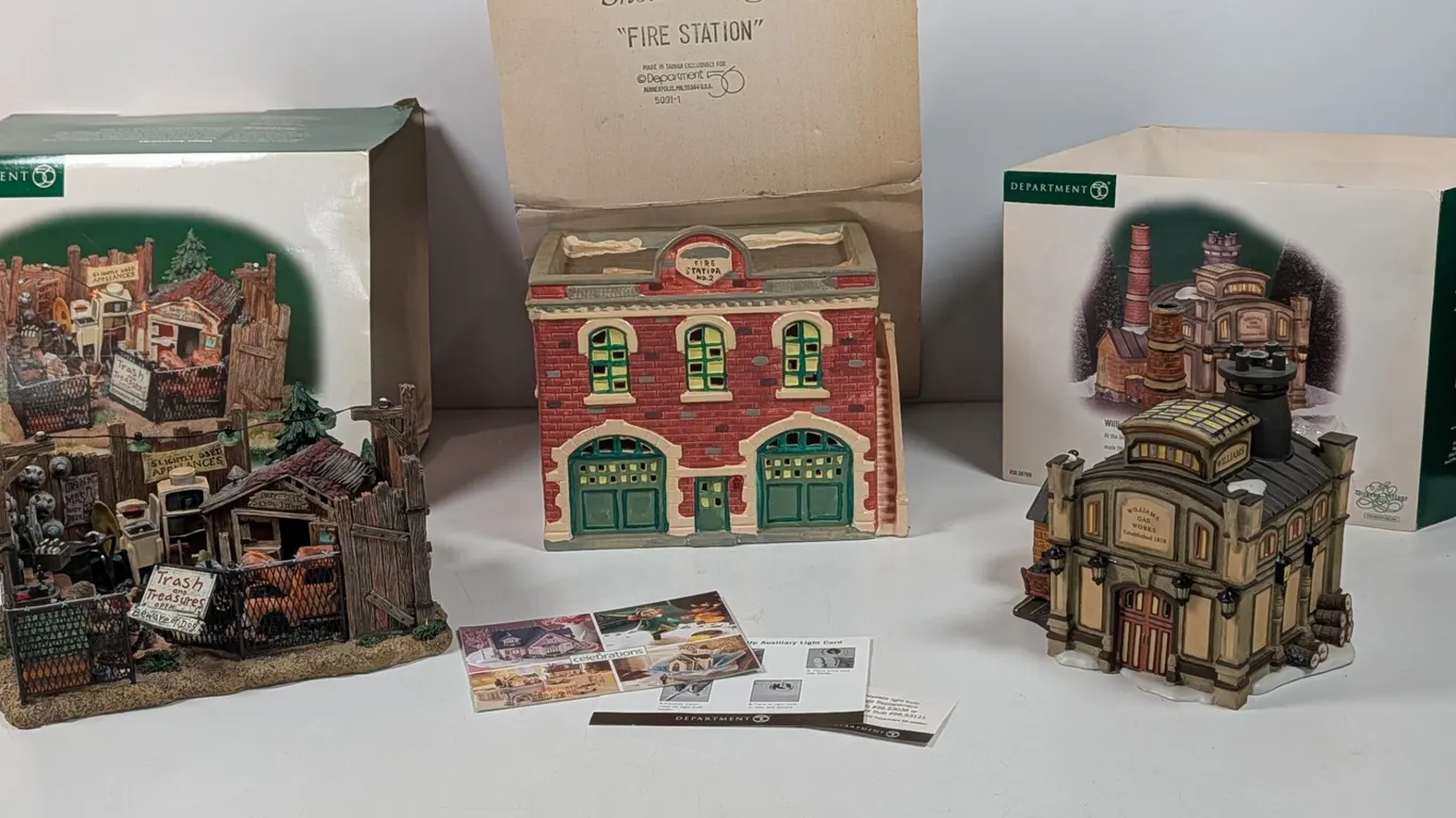 Department 56 "Village Junkyard"," "Fire Station No. 2" and "Williams Gas Works"