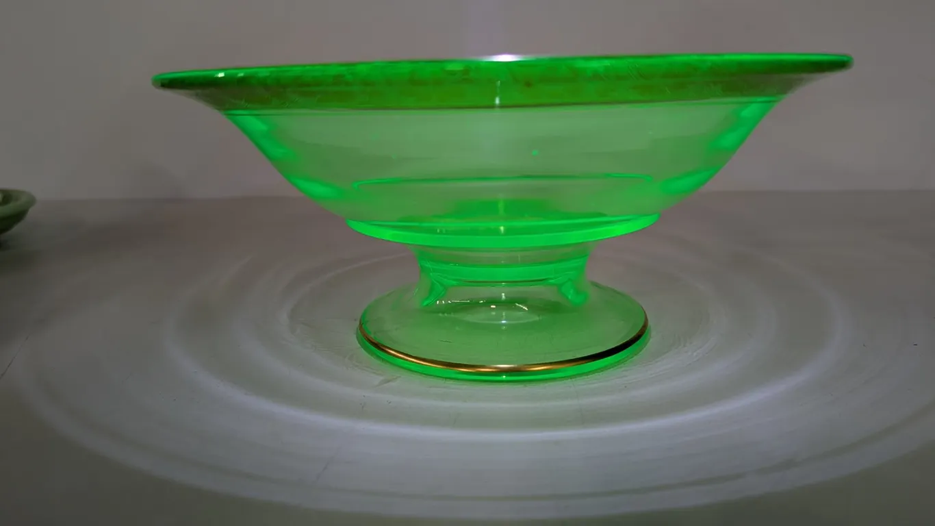 Uranium Glass Footed Bowl with Gold Rim