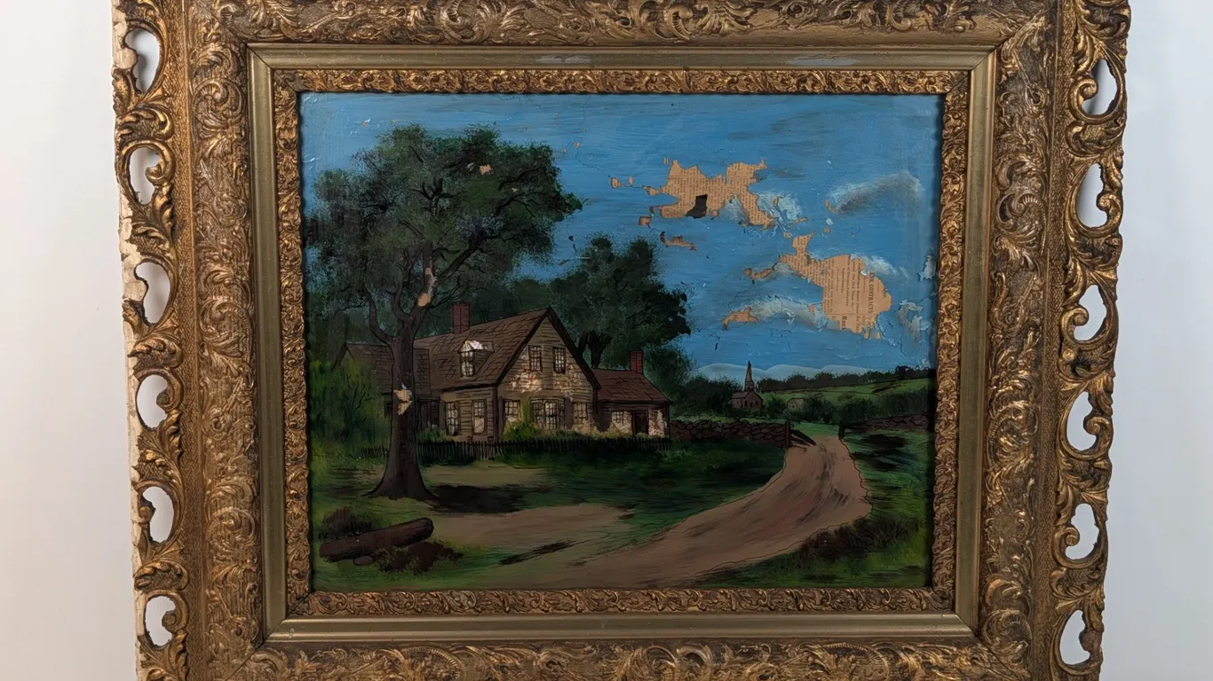 Antique Reverse Painted Glass Art of Country House in Ornate Frame