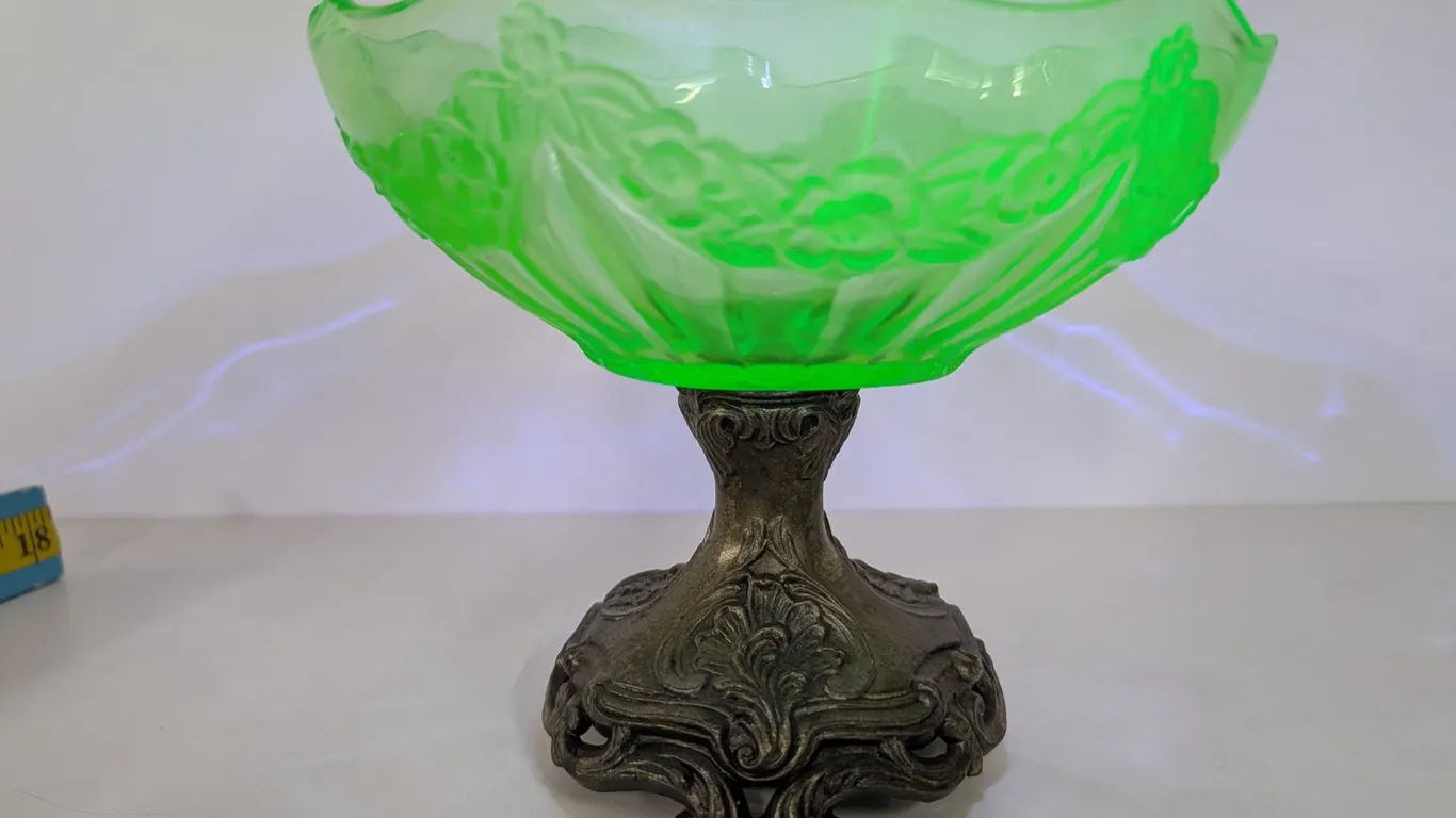 Vintage Uranium Glass Compote Dish with Metal Base