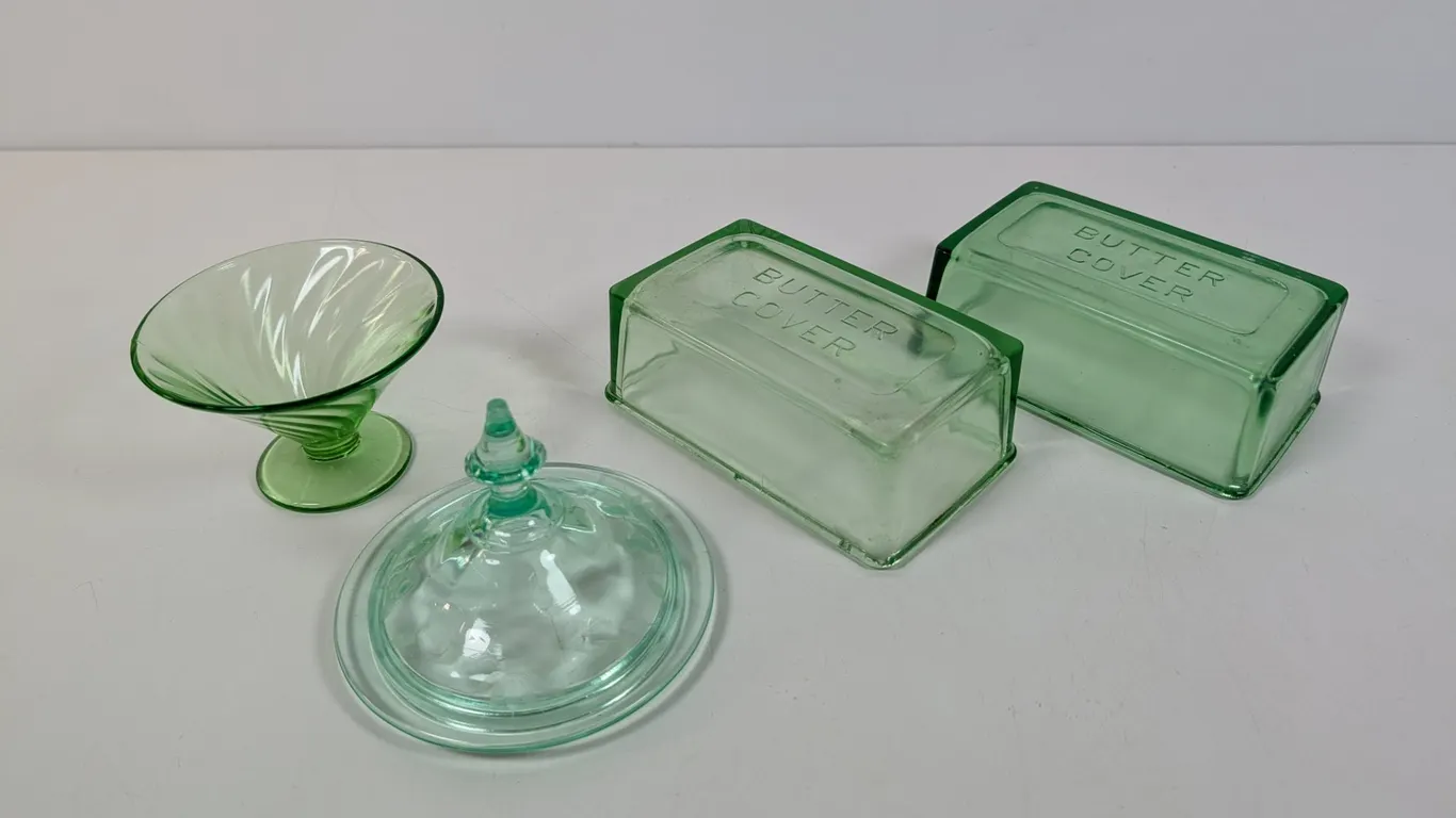 Vintage Uranium Depression Glass Lot with Butter Covers and Dessert Dish