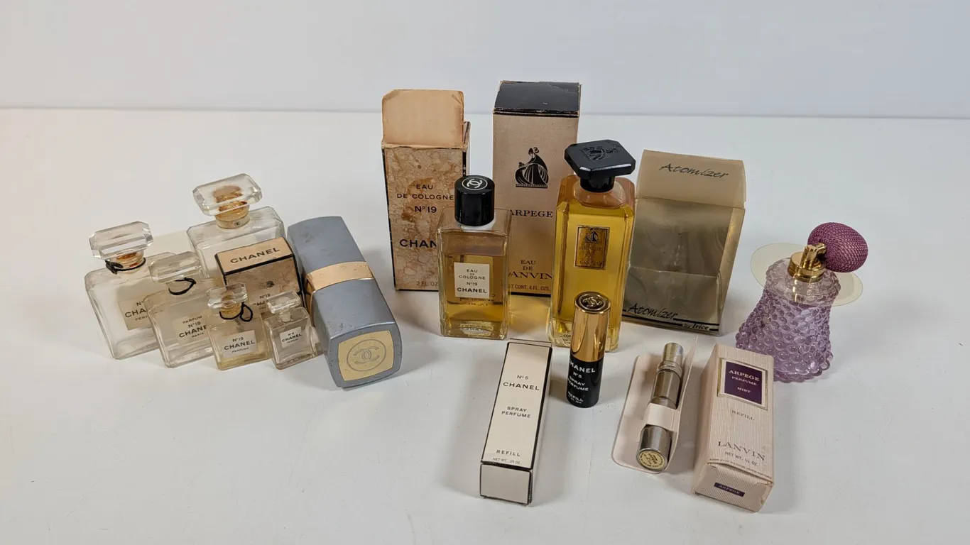 Chanel No. 5 & No. 19 Perfume and Lanvin Arpege Fragrances and empty Bottles